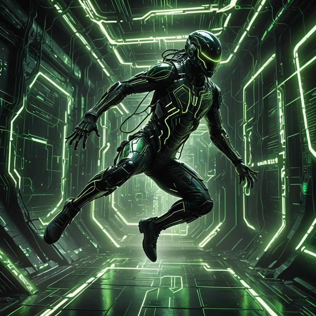 Futuristic Figure Leaping Through Digital Portal