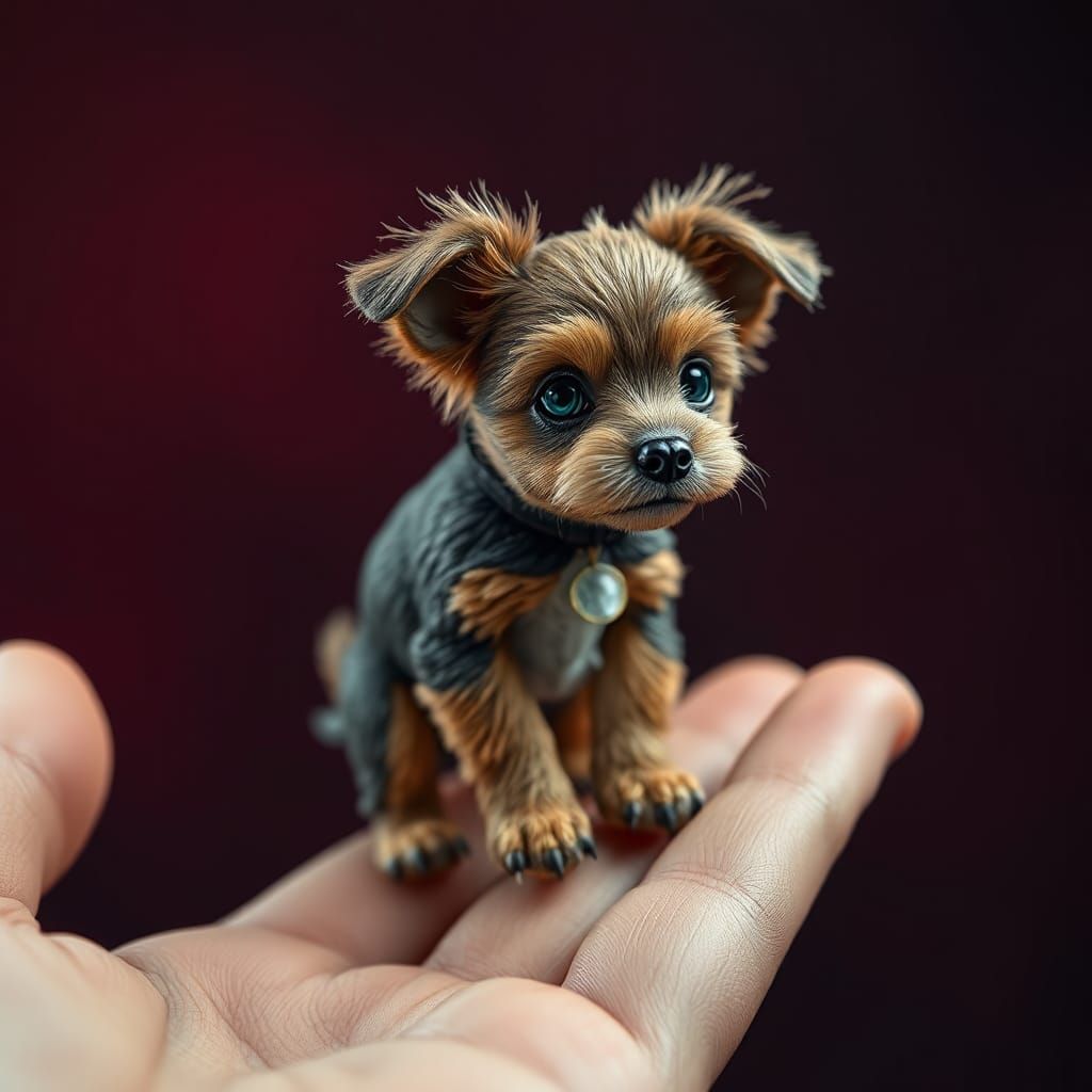 Miniature Dog on Hand: Hyper-Realistic Fantasy Art