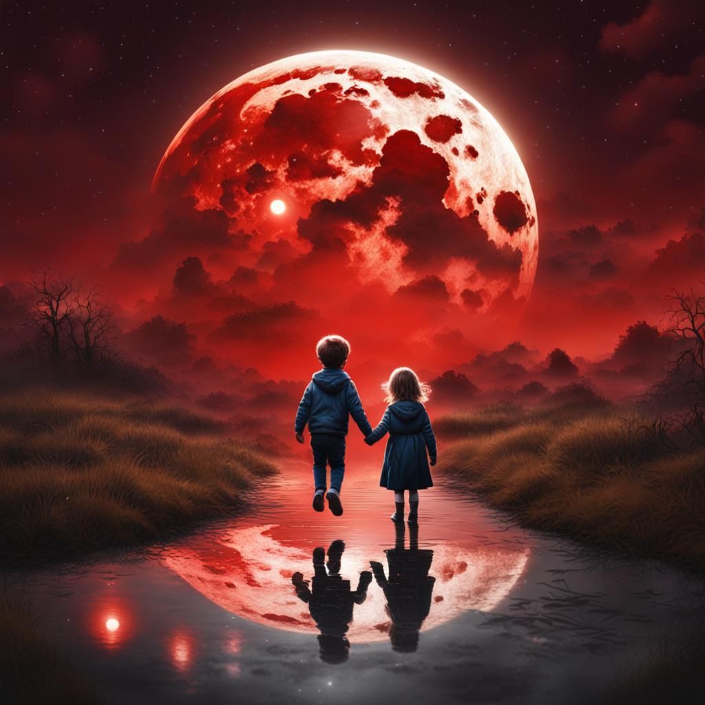 Children Jumping in Puddle Under Red Moon