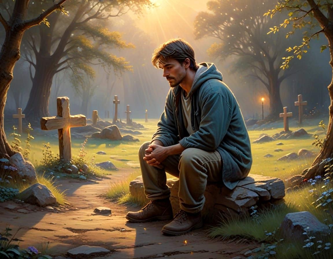 Homeless Man's Serene Adoration at Dawn