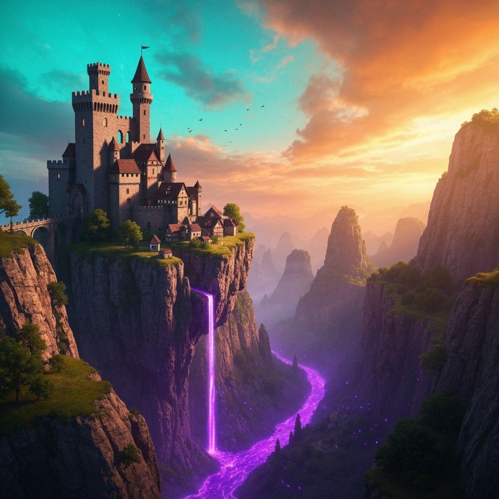 Escher-esque Bioluminescent Castle in Surreal Canyon