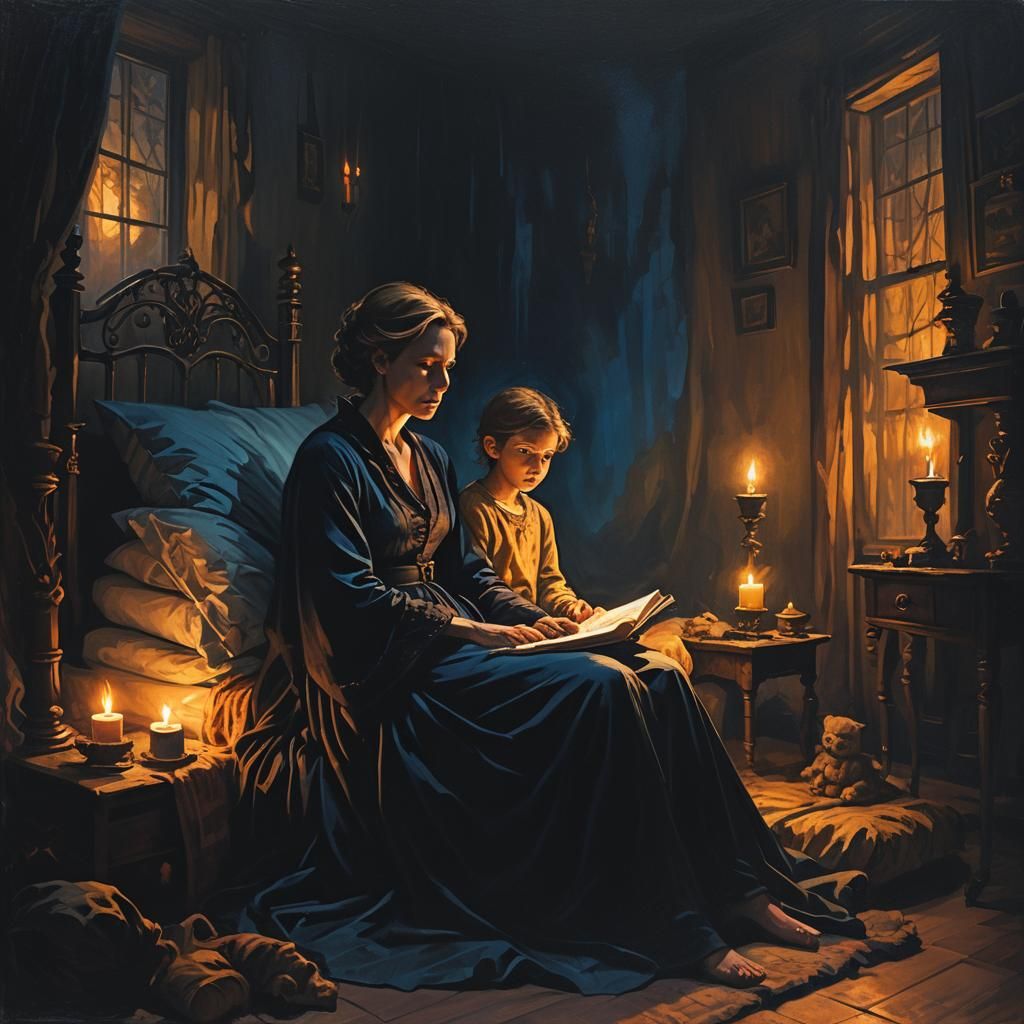 Eerie Godmother Beside Child's Bed in Art Nouveau Style