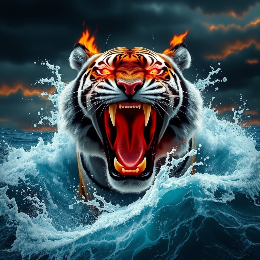Tiger Emerges from Ocean in Fiery Roar, Cyberpunk Digital Ar...
