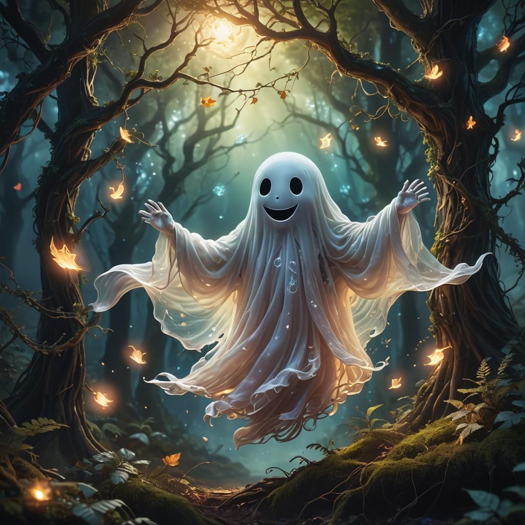 Cute Smiling Ghost in Mystical Forest: Fantasy Art