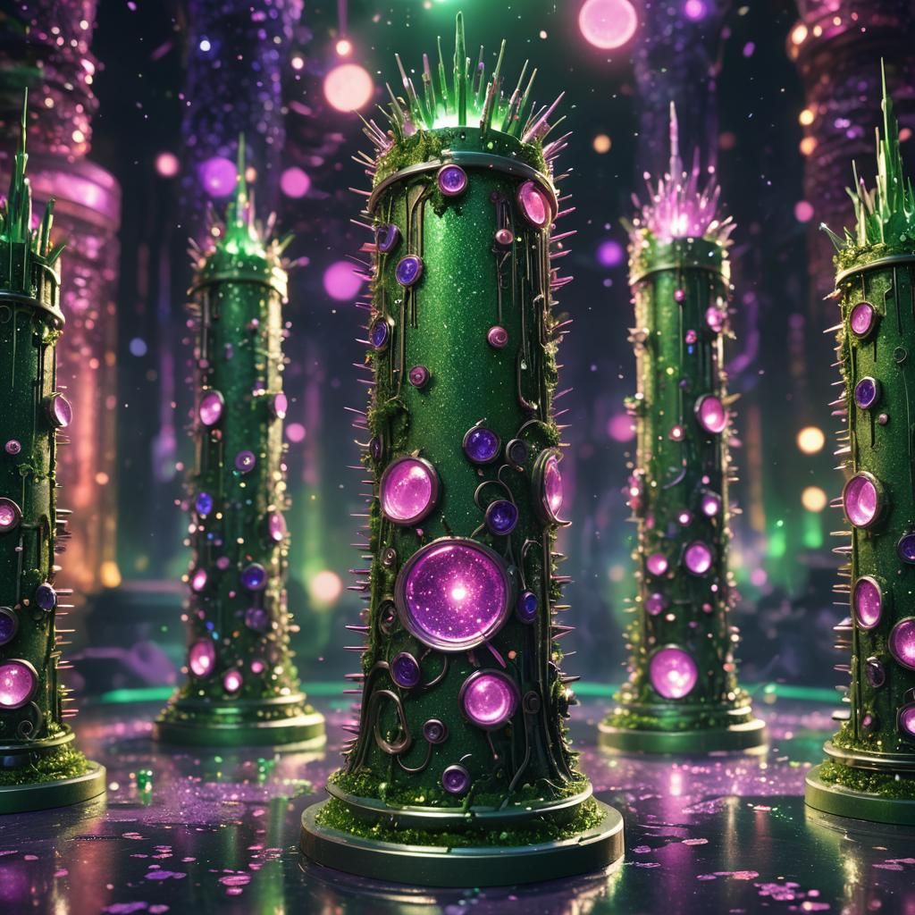 Vibrant Green Cylinder Spewing Pink Glitter: Fantasy Art