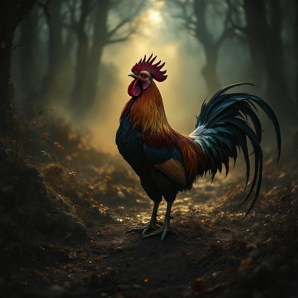 Rooster Welcoming Dawn in Cinematic Dark Fantasy Style