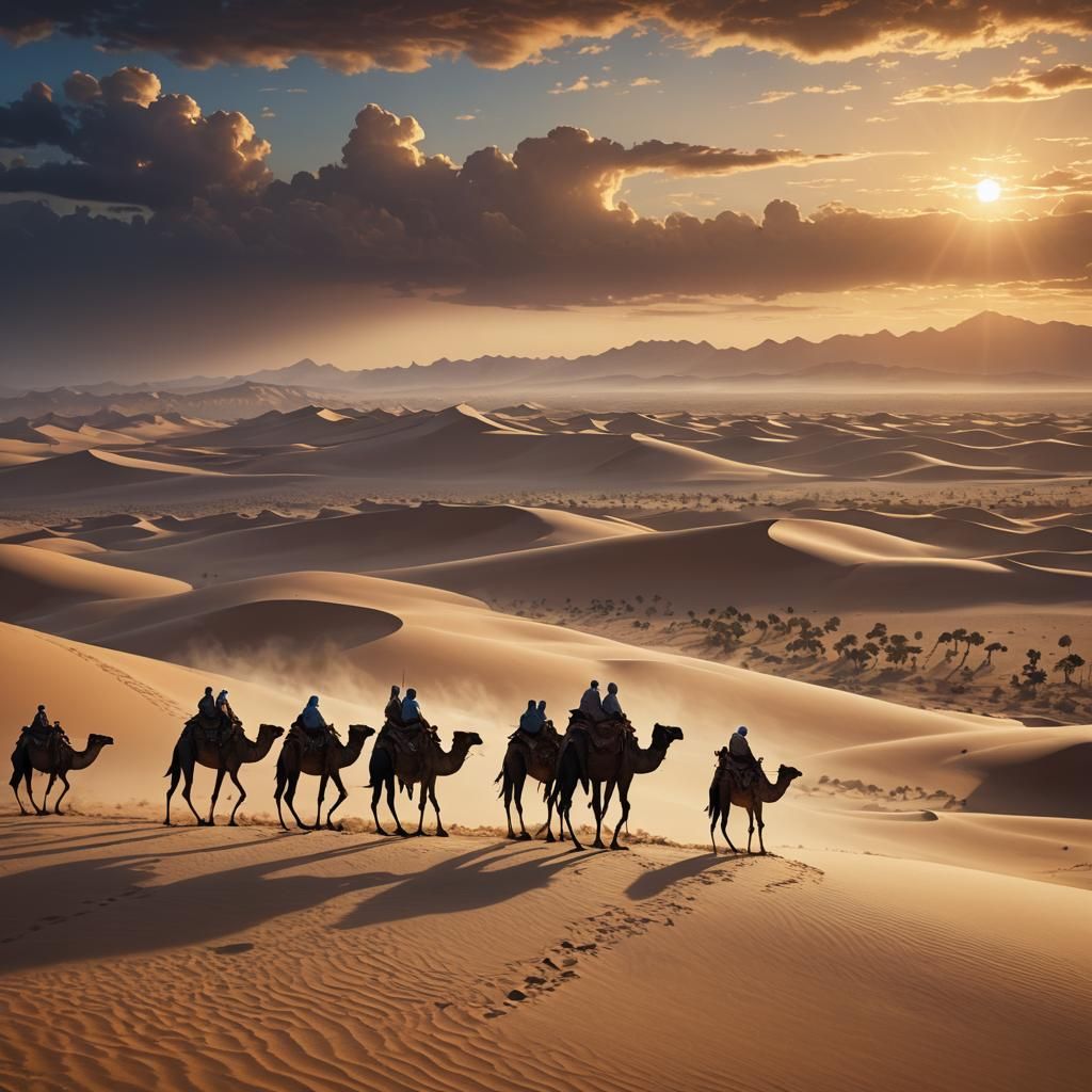 Desert Caravan at Sunset: Fantasy Concept Art