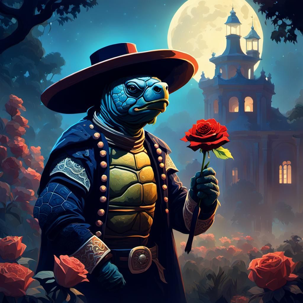 Surreal Turtle in Moonlit Garden Wears Bullfighter's Hat and...