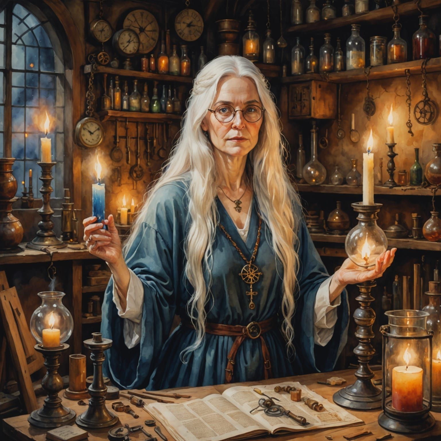 Ethereal Alchemist in Candlelit Laboratory