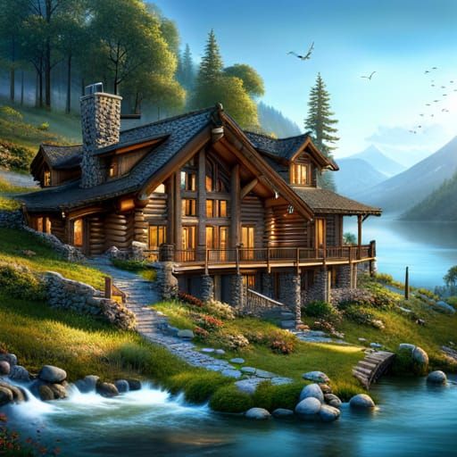 Picturesque Log Cabin Above Lake, Hyperrealistic Digital Art