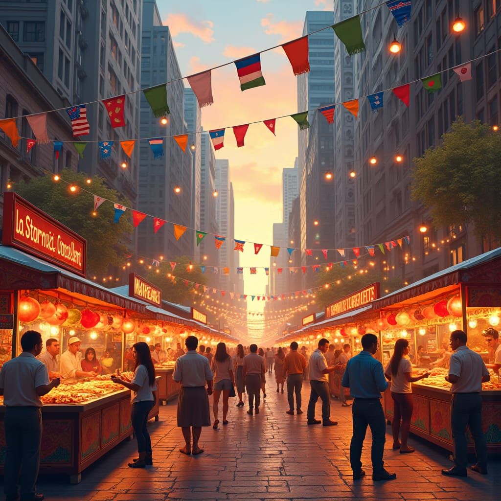 Lively Street Food Festival at Sunset: Digital Painting
