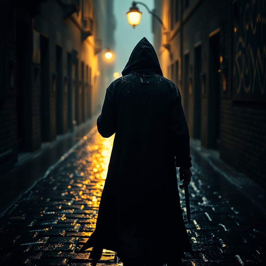 Moody Figure Vanishes into Rainy Night Shadows