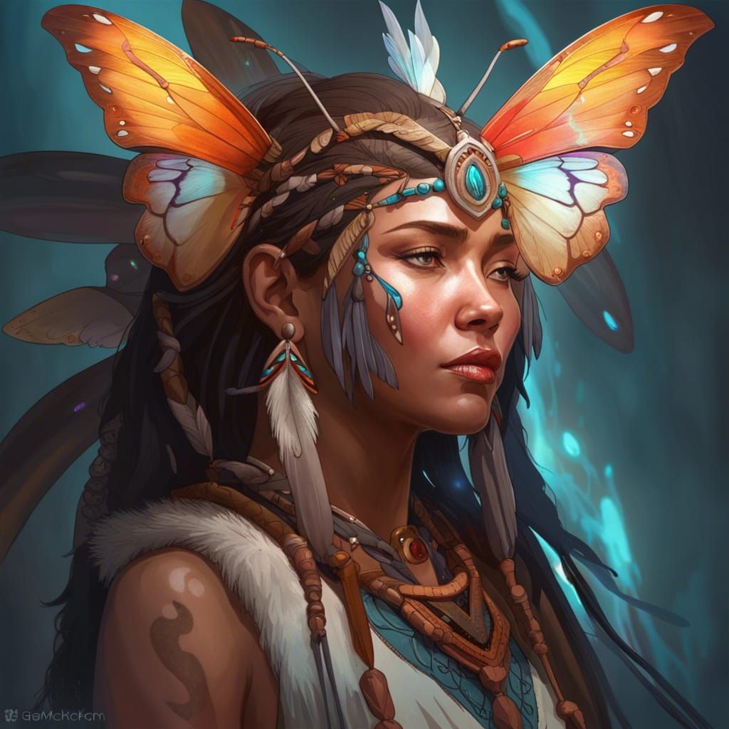 Woman Shaman with Butterfly Wings: Hyperdetailed Portrait
