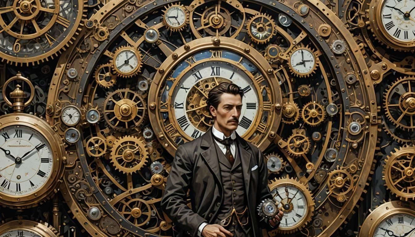 Time's Passage in Glitch-Art Steampunk Style