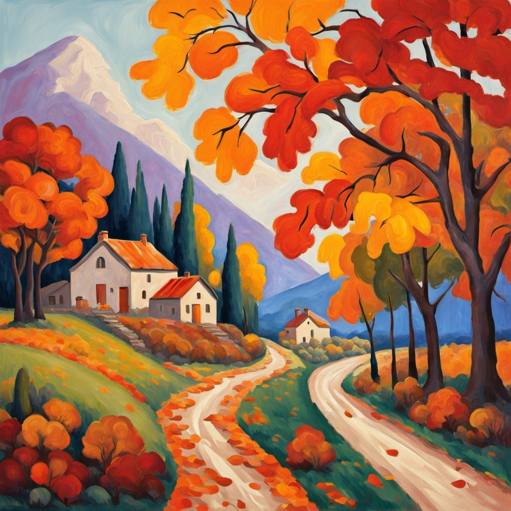 Fauvism Autumn Village Scene Painting