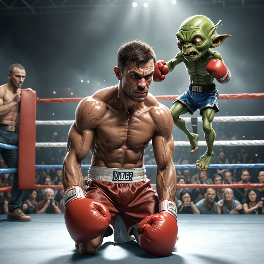 Boxer Bested by Goblin Alien in Boxing Ring