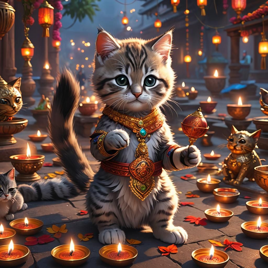 Anthropomorphic kitten is celebrating Diwali festival in ind...