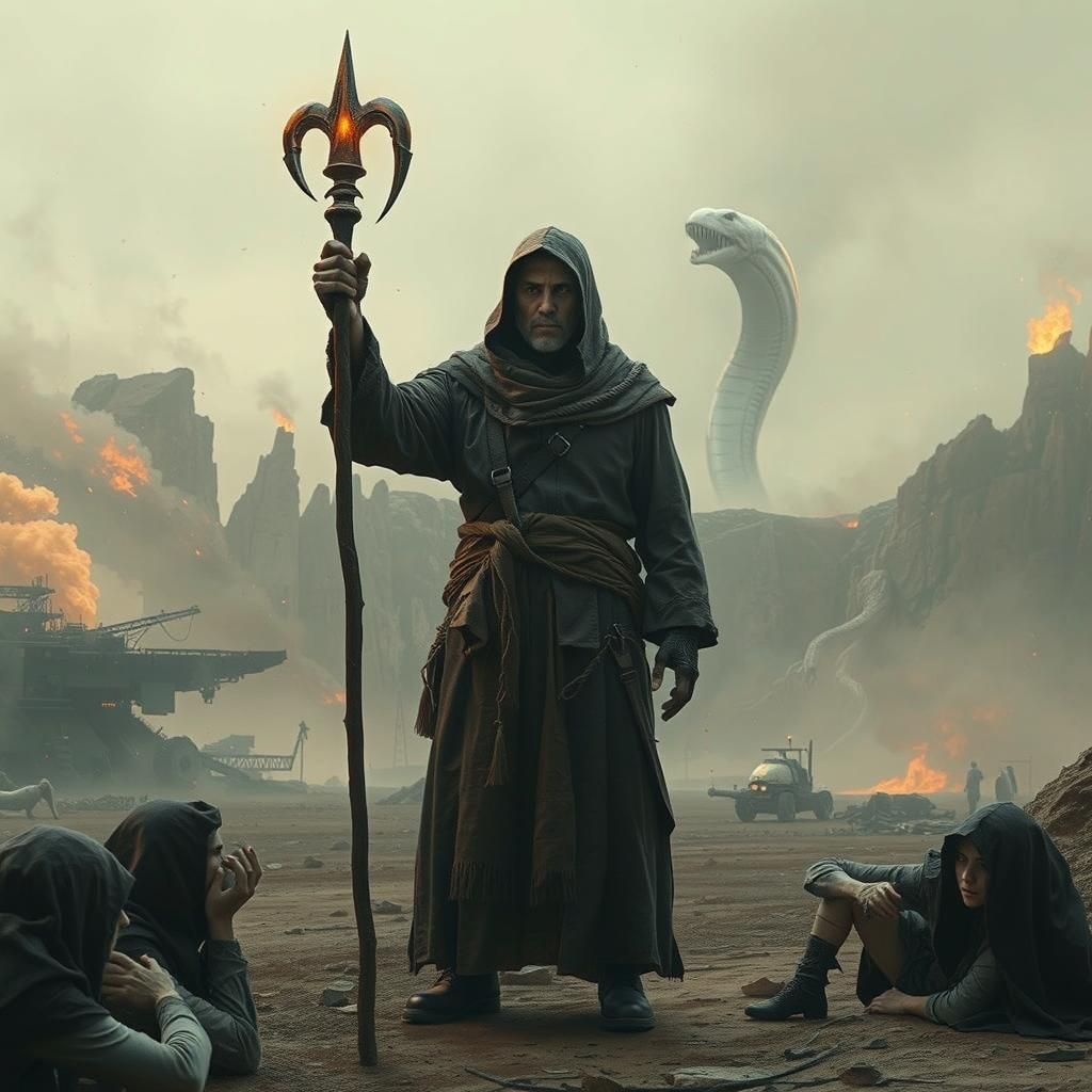 Apocalyptic Prophet Gesturing Towards Rising Worm