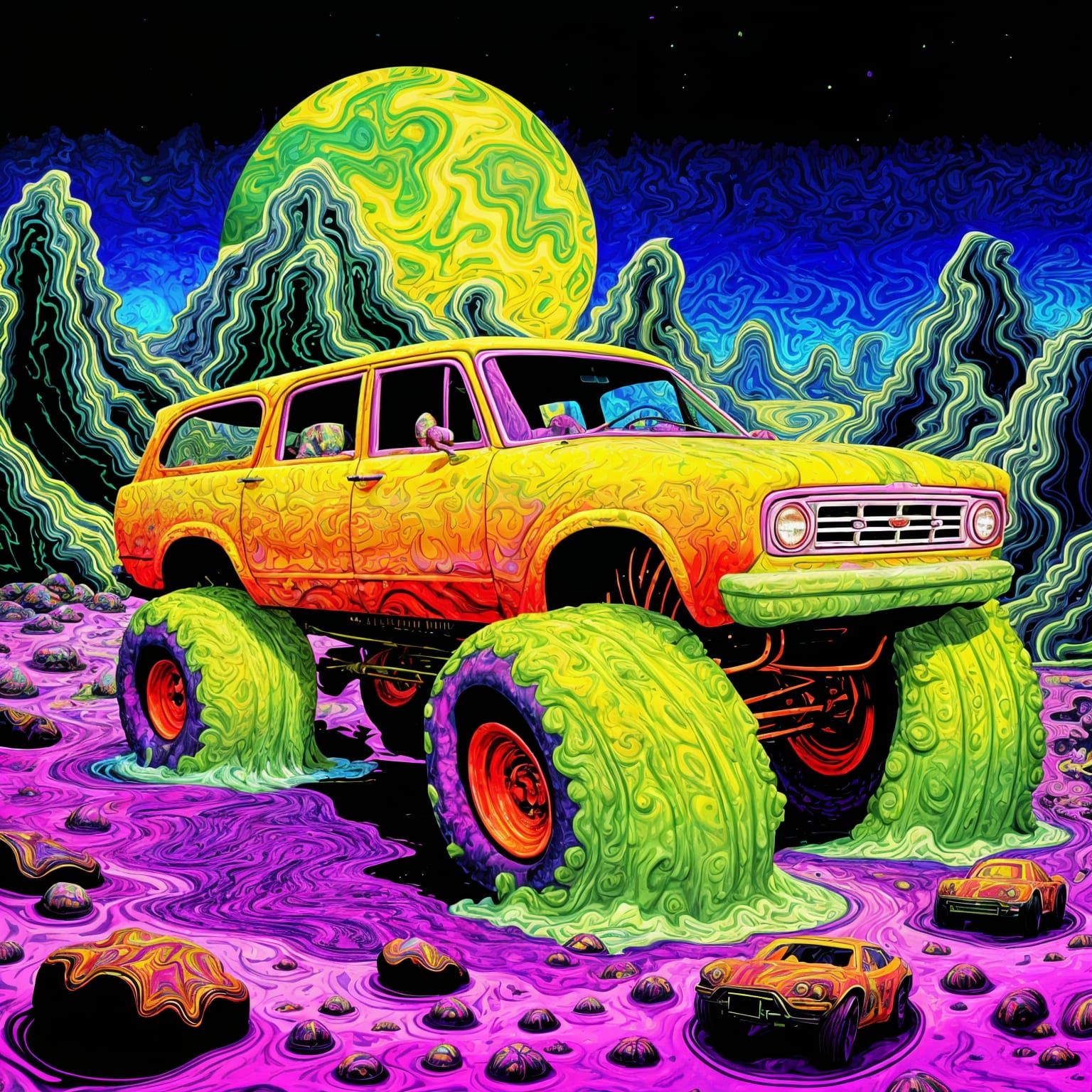 Surreal Car Navigates Psychedelic Melting Landscape