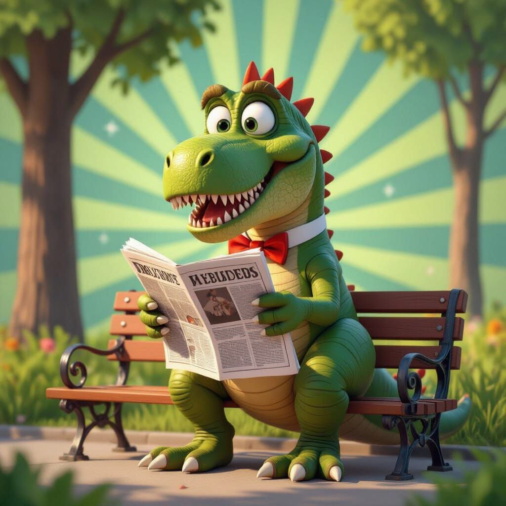 Quirky T-Rex Reads Newspaper in Pixar Style