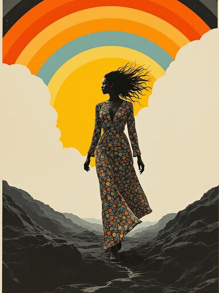 Retro Graphic Fusion: Figure in Abstract Landscape