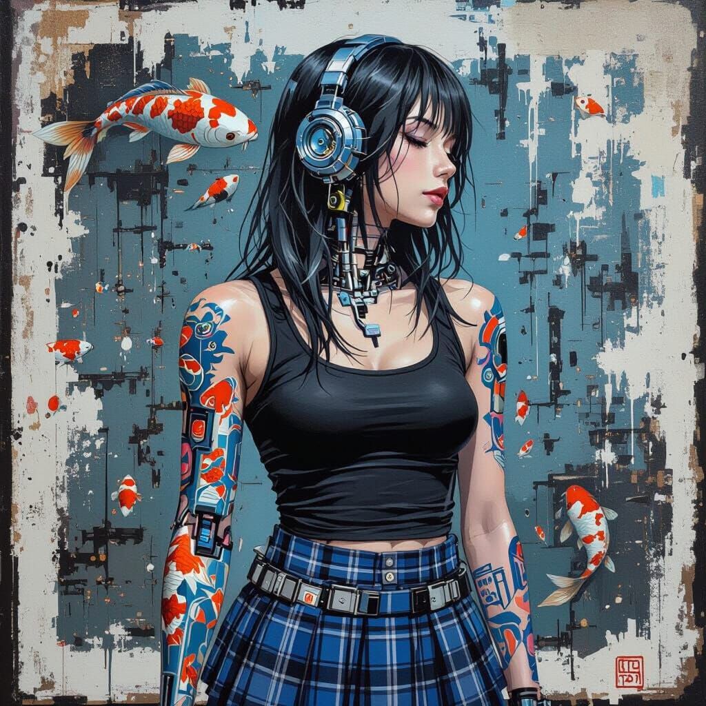 Cyborg Woman Oil Painting with Koi Tattoos