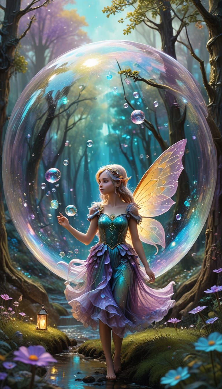 Surreal Elf Village in Vibrant Iridescent Soap Bubble