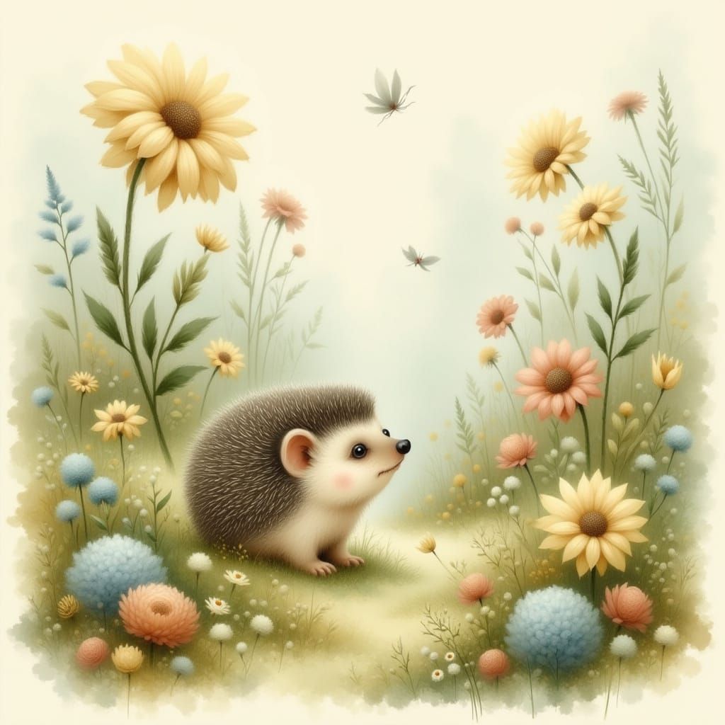 Whimsical Hedgehog in Dreamy Watercolor Landscape