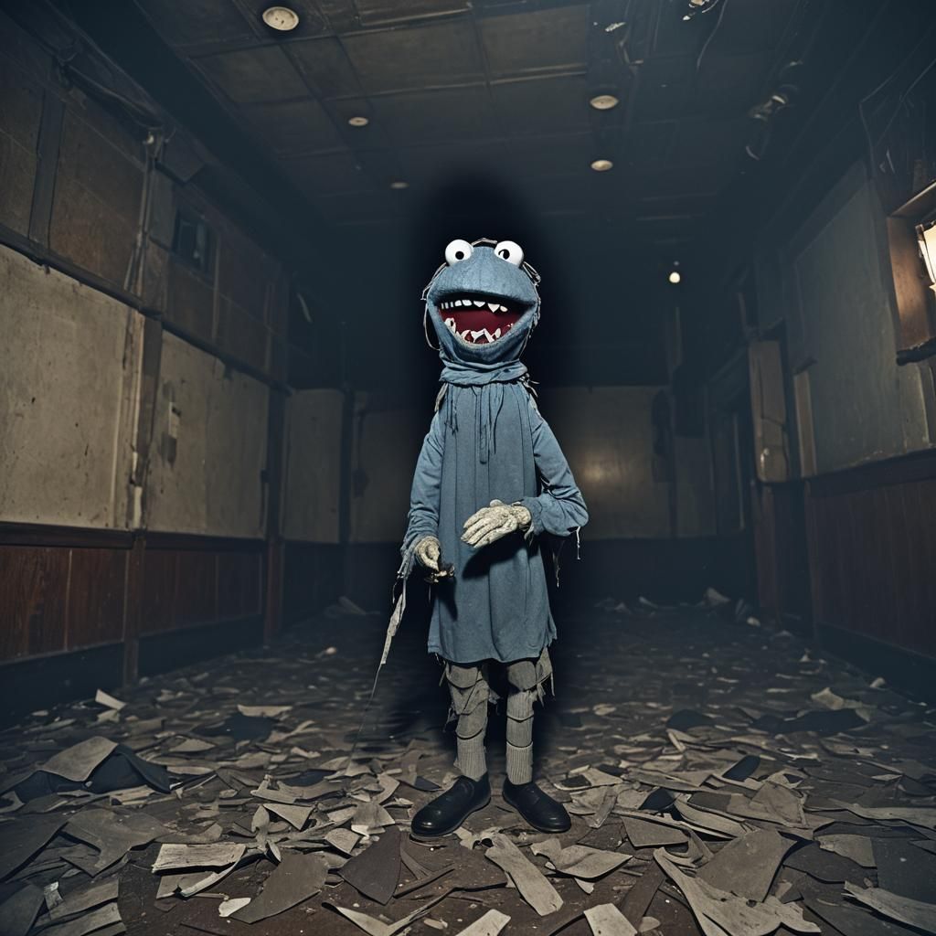 Eerie Sock Puppet in Abandoned Theater