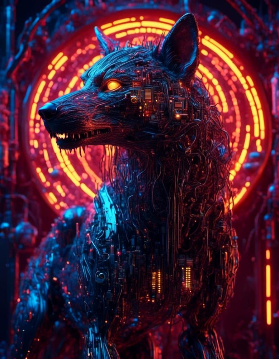 Cyberpunk Werewolf with Glowing Eyes and Circuits