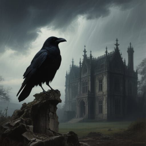 Regal Raven on Gothic Mansion at Dusk