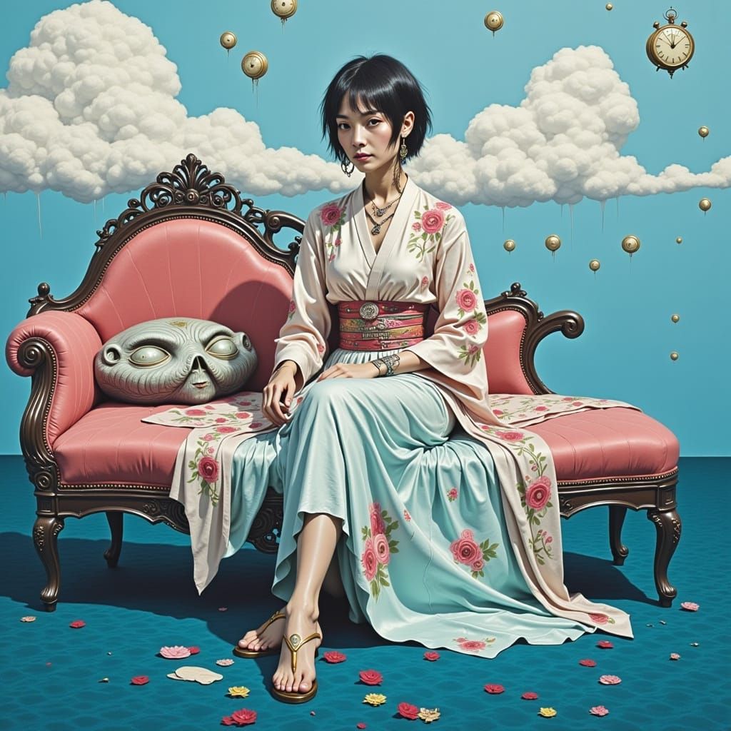 Japanese Woman in Surreal Boudoir, Dreamlike Art