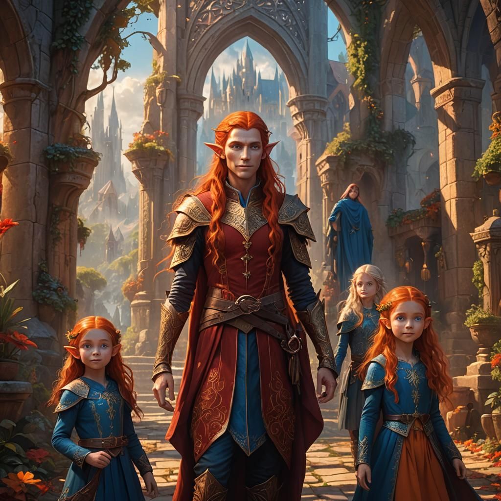 A tall  single elven male with very long red hair, blue eyes ,wearing red clothing. By his side are twin little girls, b...