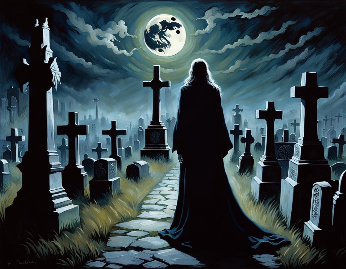 Eerie Cemetery Walker in Dark Fantasy Art