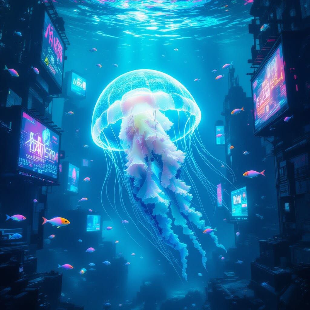 Luminescent Jellyfish Drifting Through Sunken Cyberpunk City