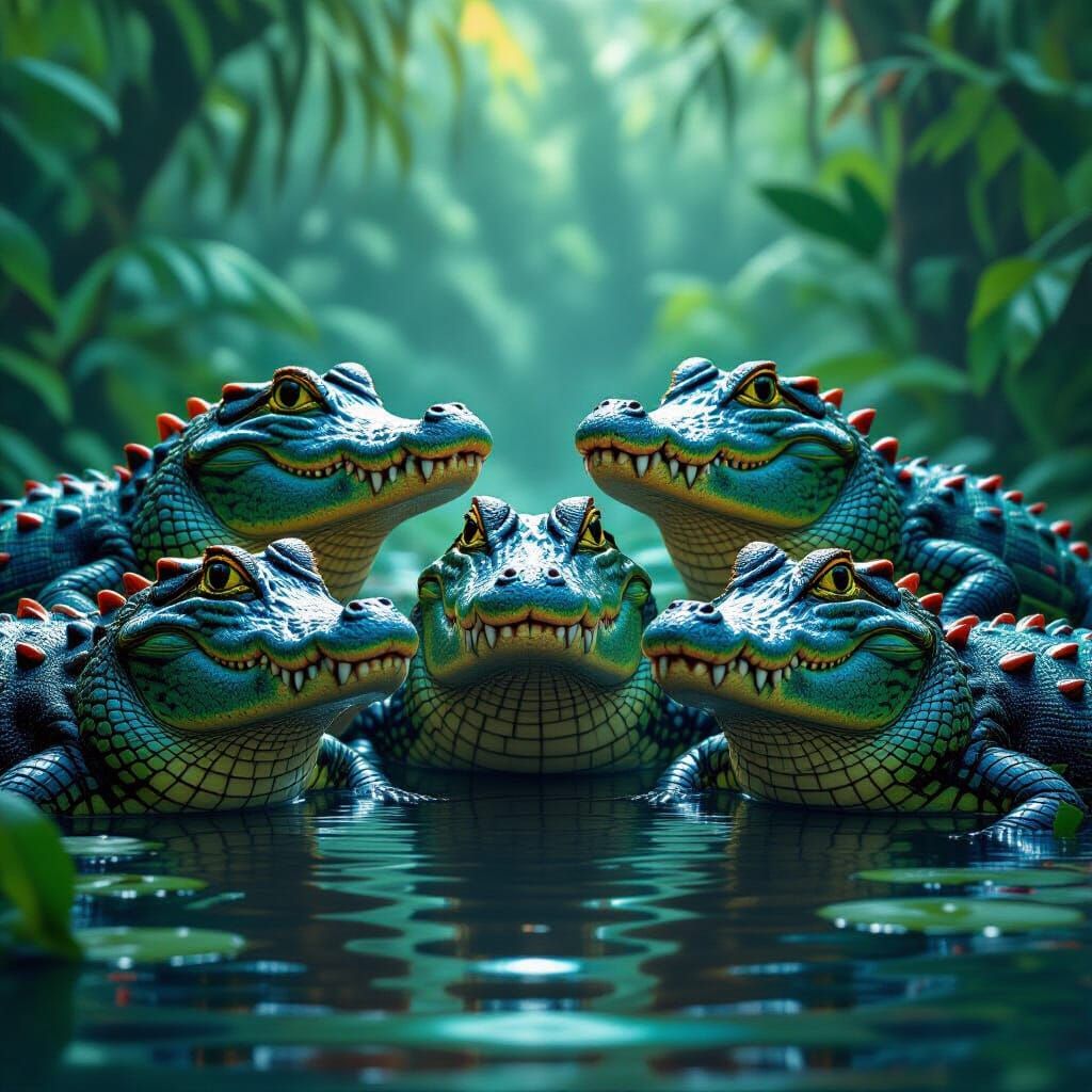 Iridescent Alligators in Amazon Jungle, Digital Art