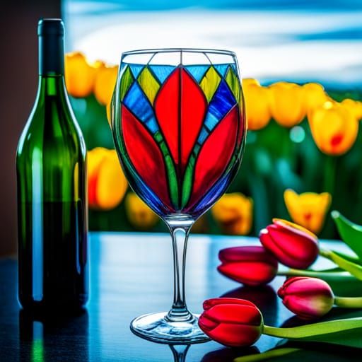 Stained Glass Wine Glass with Tulips