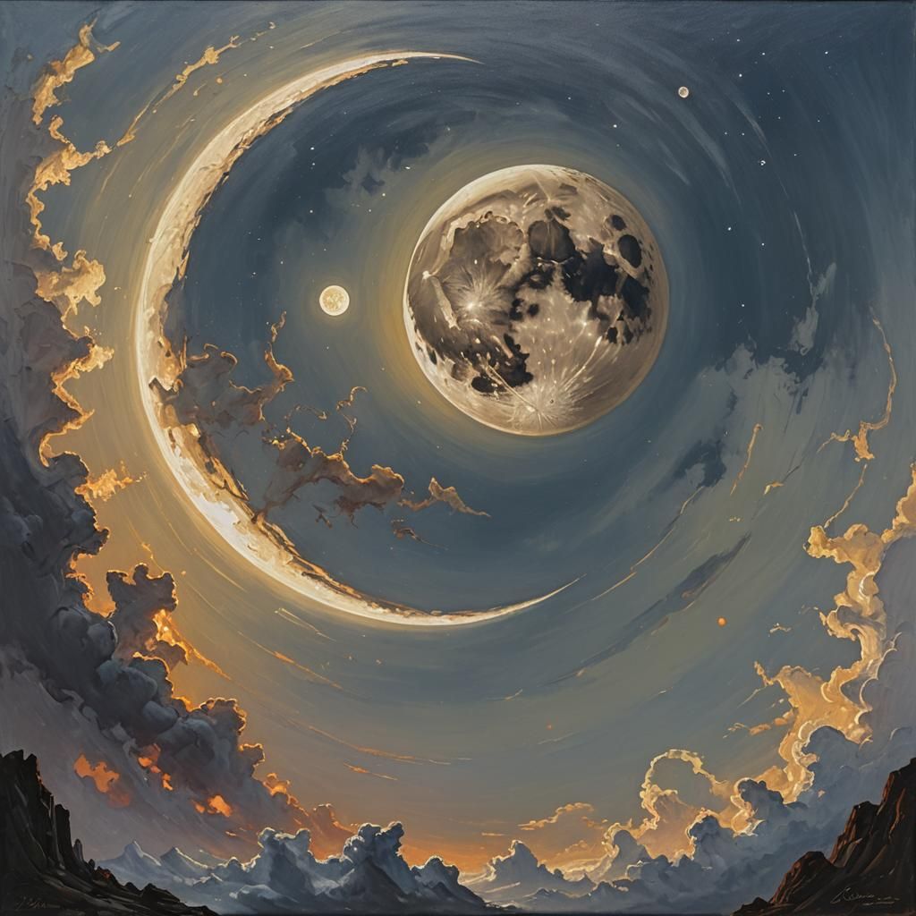 Ethereal Eclipse: Moon and Sun in Oil Painting