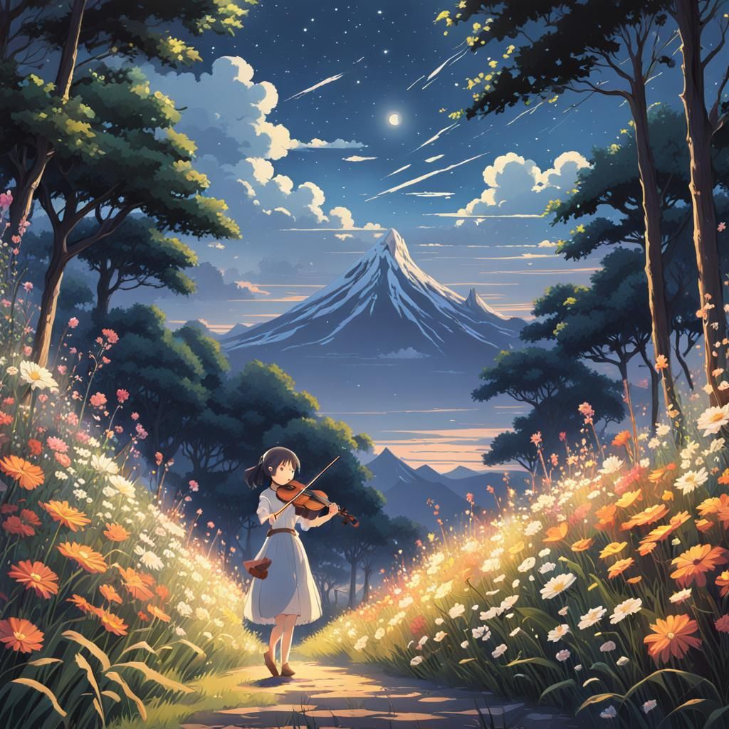 Night Meadow Violinist in Anime Key Visual Style