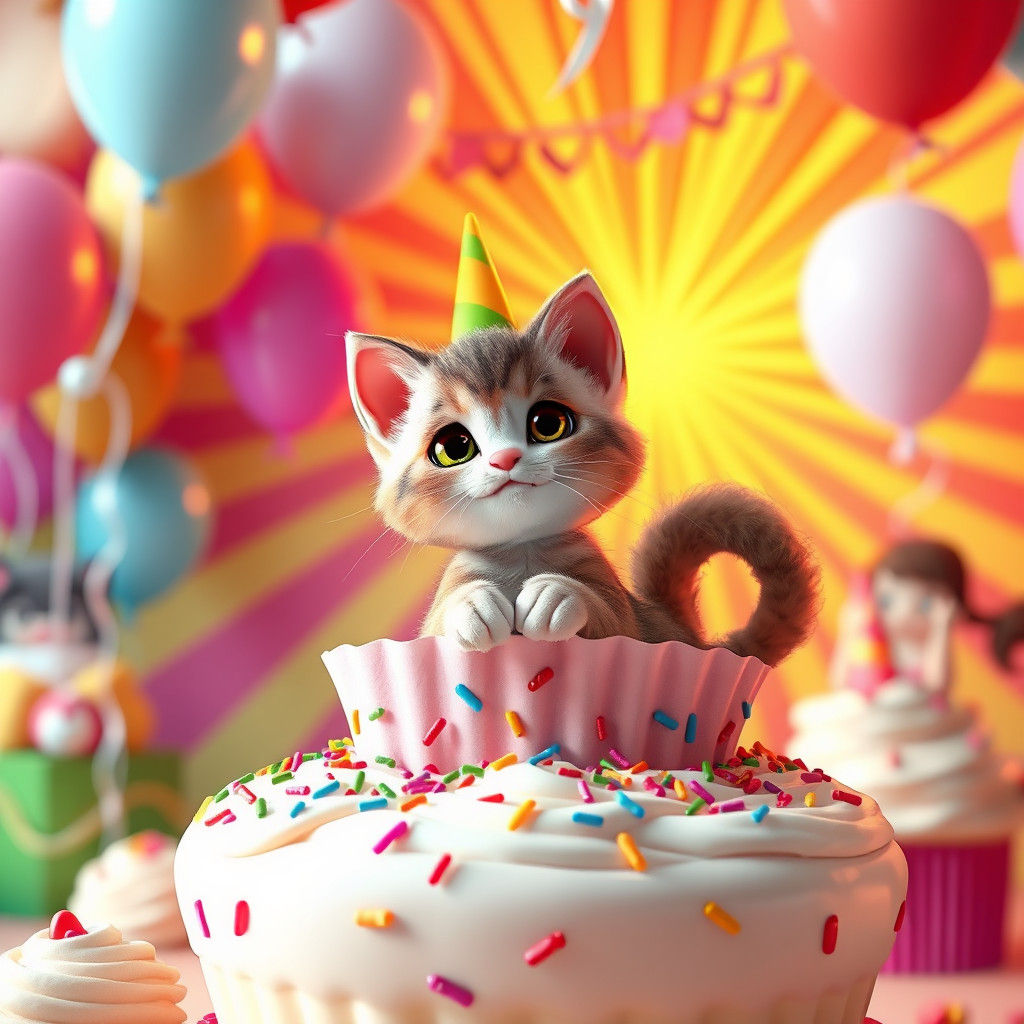 Kitty in Cupcake at Birthday Party, 3D Digital Art