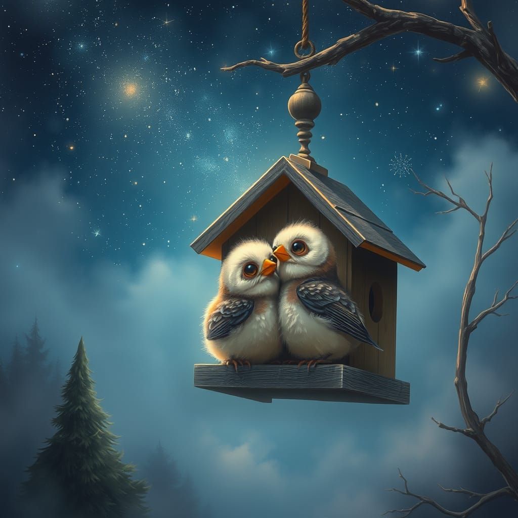 Ethereal Birdhouse Under Starry Night Sky