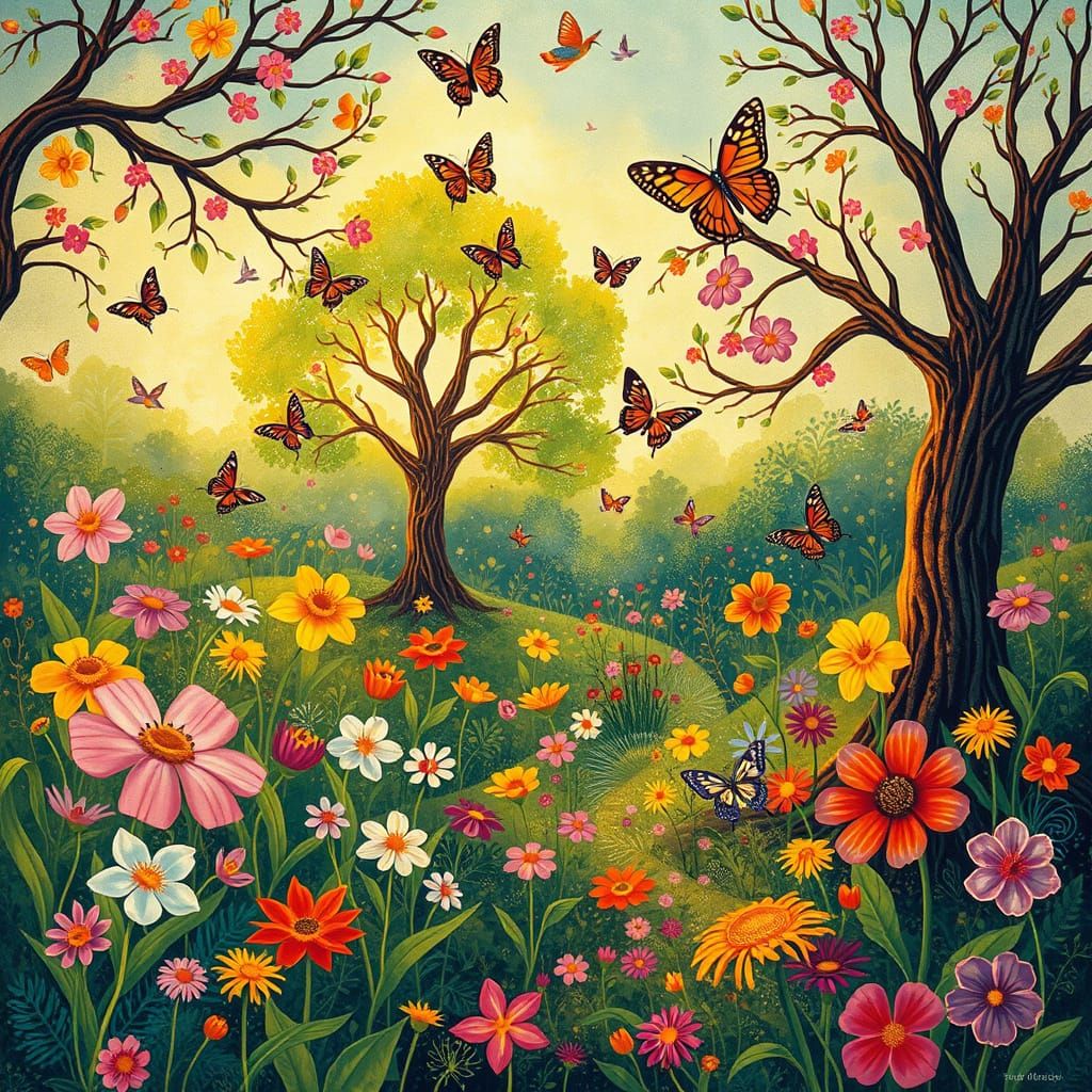 Whimsical Garden of Music and Mystery in Vibrant Color