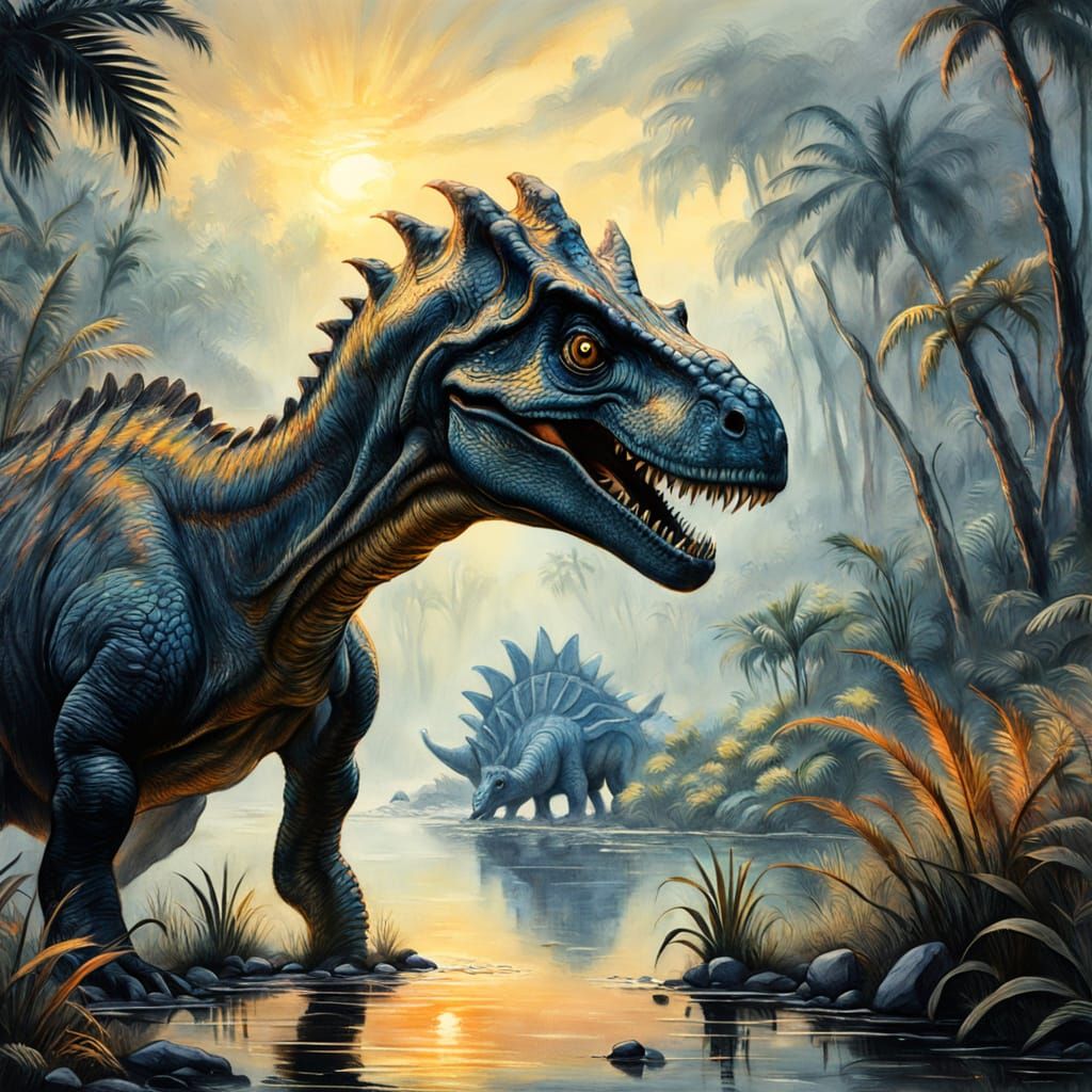 Un dinosaure à long cou long paître près de l'eau.