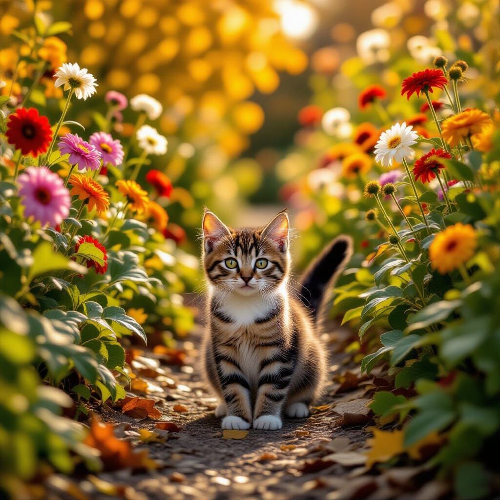 Happy Ginger Kitten in Autumn Garden Oil Painting