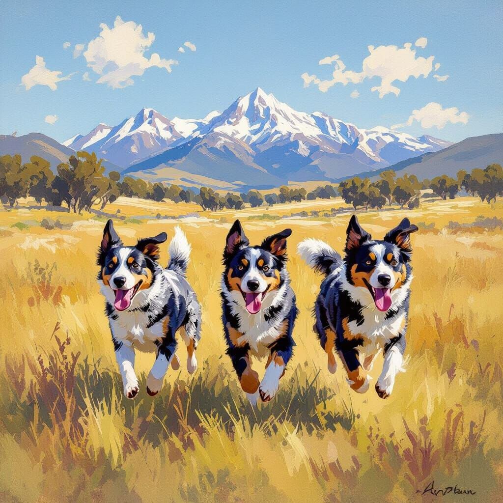 Three Kutas Chasing in Sunlit Grassland with Mountains