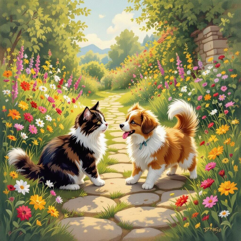 Cats and Dogs Playing in a Rustic Garden