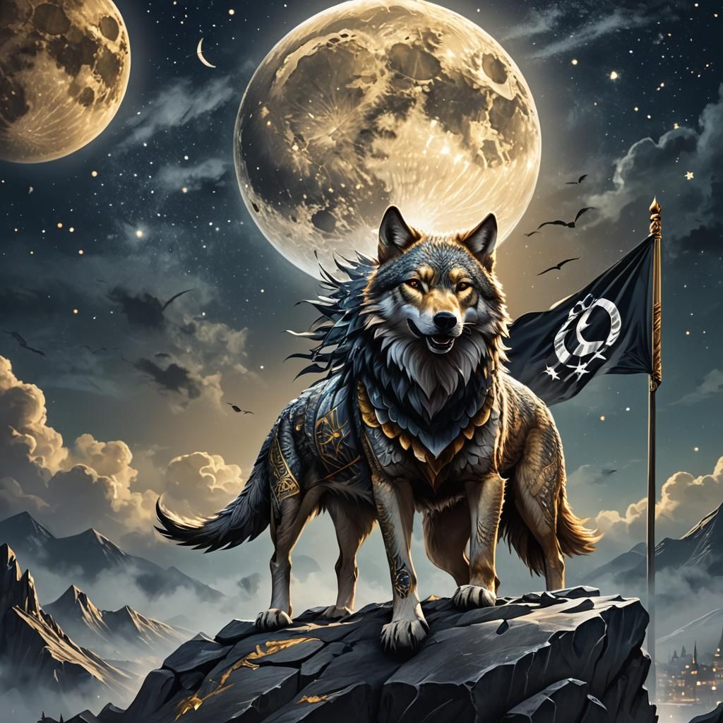 Beşiktaş Flag with Wolf in Fantasy Art Style
