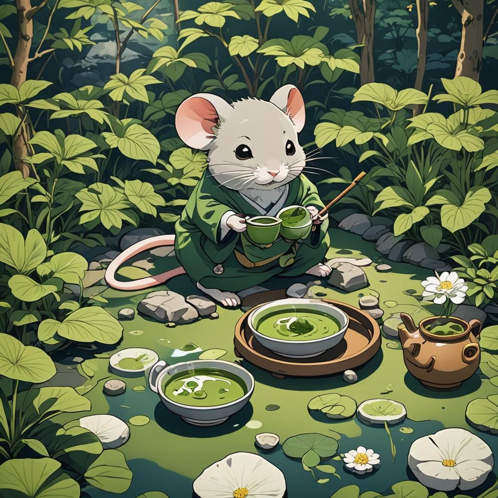 Matcha Tea Mouse in Japanese Anime Garden