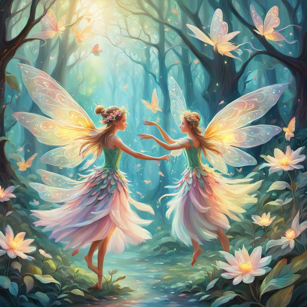 Fairies Dancing in Forest: Whimsical Oil Painting
