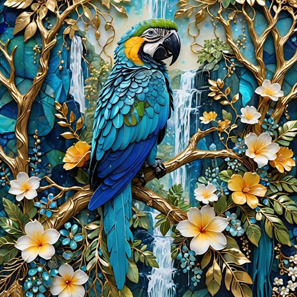 Decorative Blue Macaw with Azure Waterfall Digital Painting
